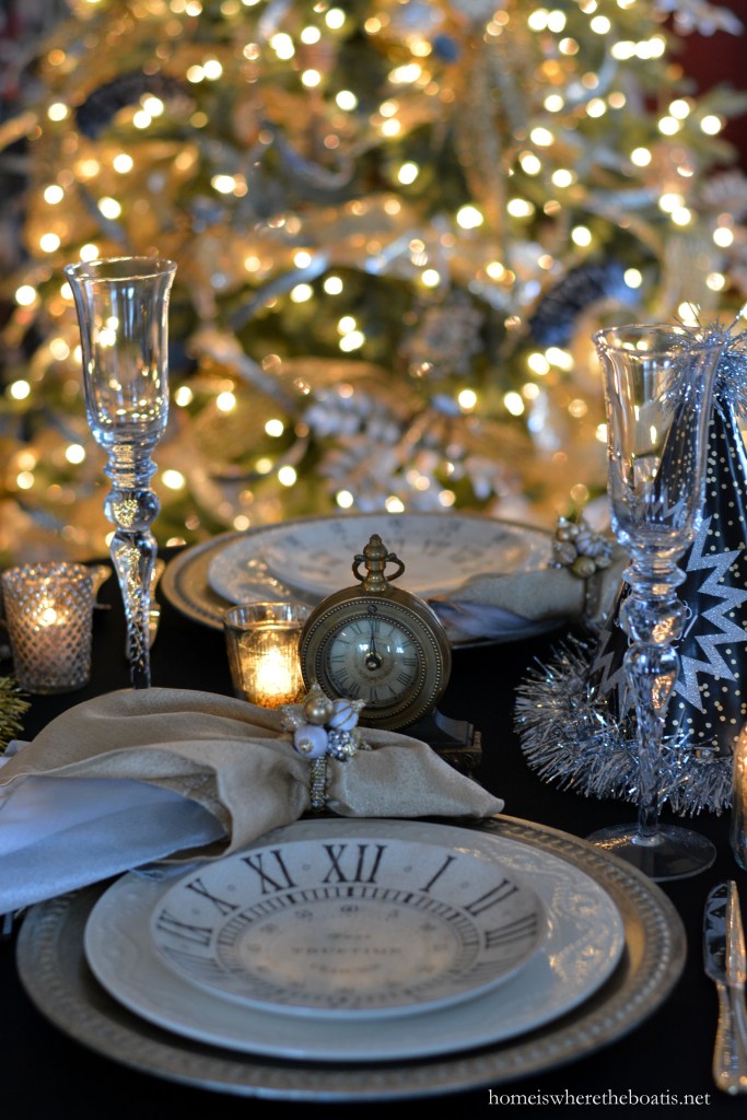 Elegant Table Setting Featuring a Vintage Clock and Roman Numerals — New Years Eve Party Decor