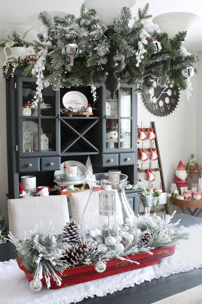 Traditional Dining Room with Festive Hutch and Red Tray Centerpiece — Christmas Dining Room Decor