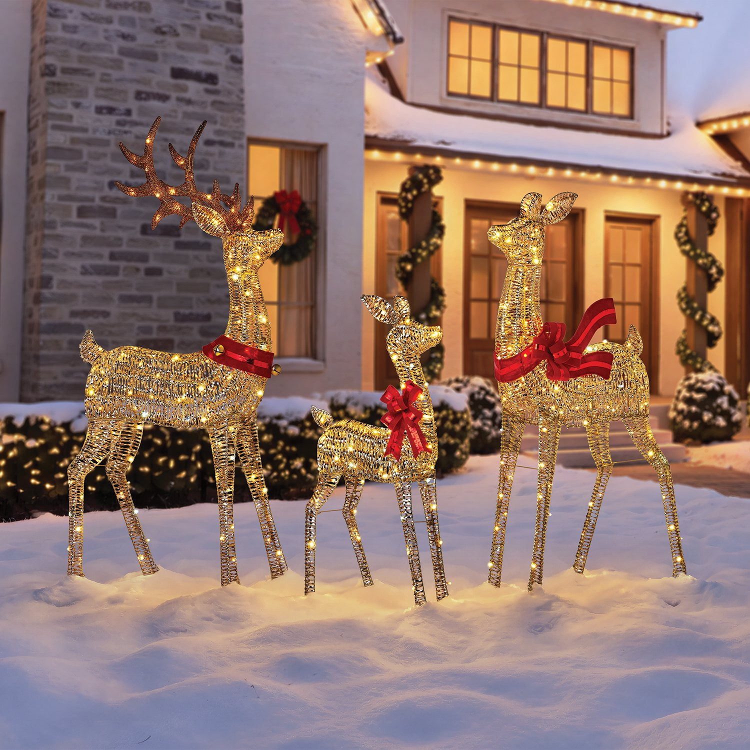 Illuminated Wire Reindeer Family in a Snowy Yard — Christmas House Exterior Decor