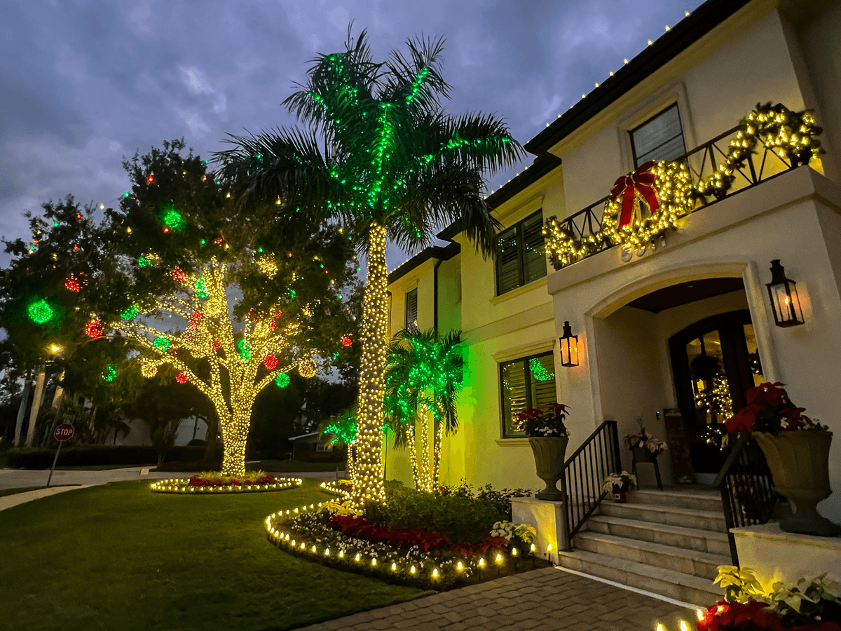 Vibrant Exterior Lights on House and Trees — Christmas Light Display Ideas