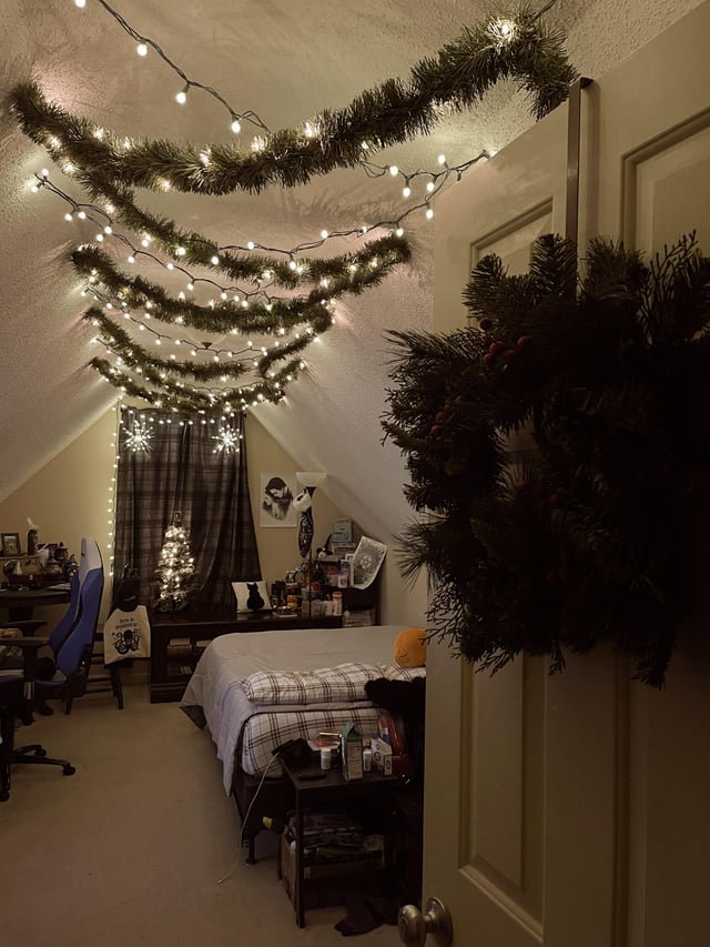 Cozy Attic Bedroom with Fairy Lights and Pine Garland — Christmas Fairy Lights Ceiling