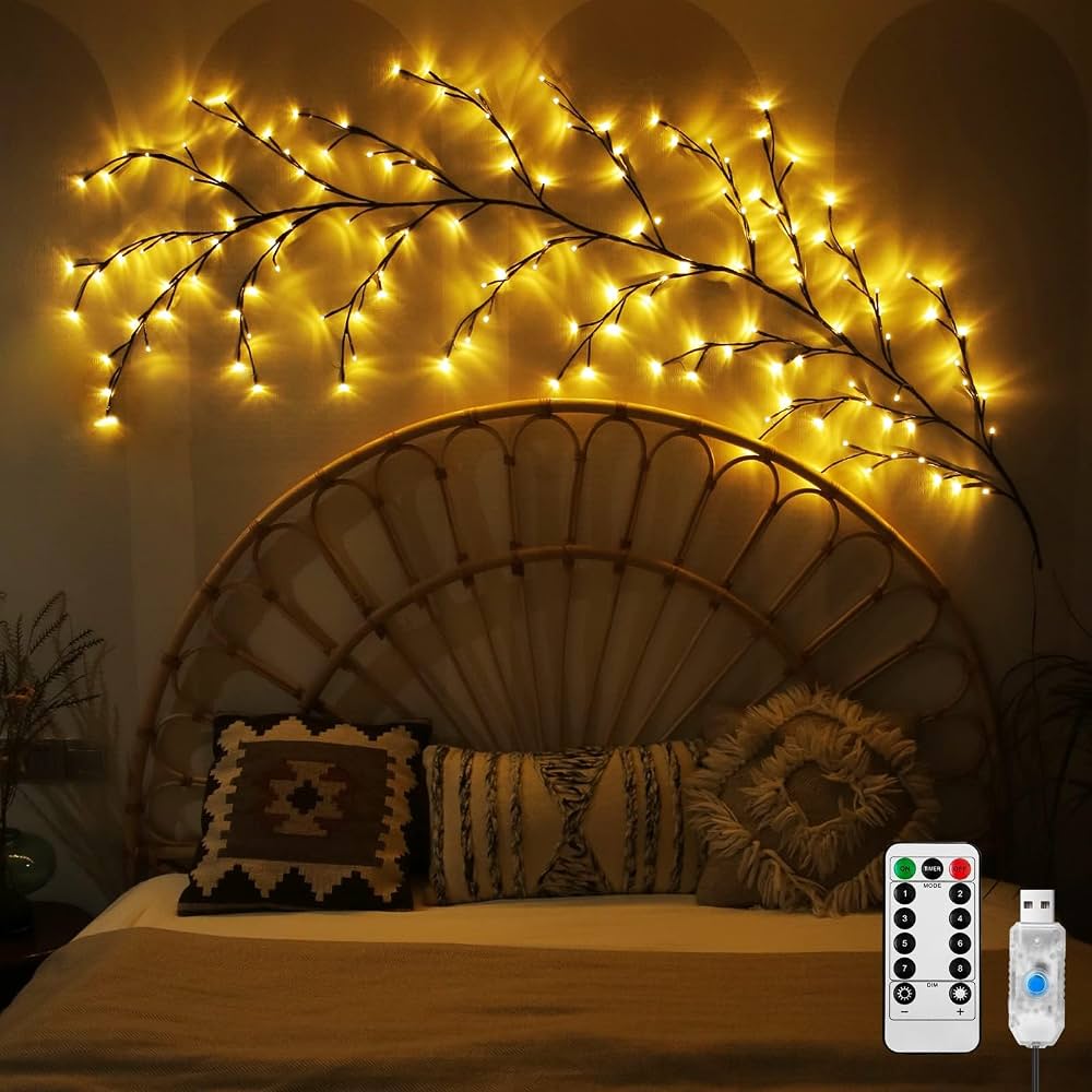 Rattan Headboard with Branch-Like Fairy Lights for a Cozy Boho Vibe — Christmas Fairy Lights Headboard