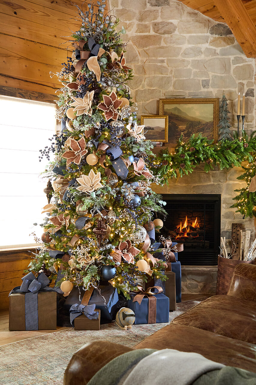 Rustic Lodge Tree with Navy Velvet and Burlap Rustic Lodge Tree with Navy Velvet and Burlap — Christmas Tree Trends 2026