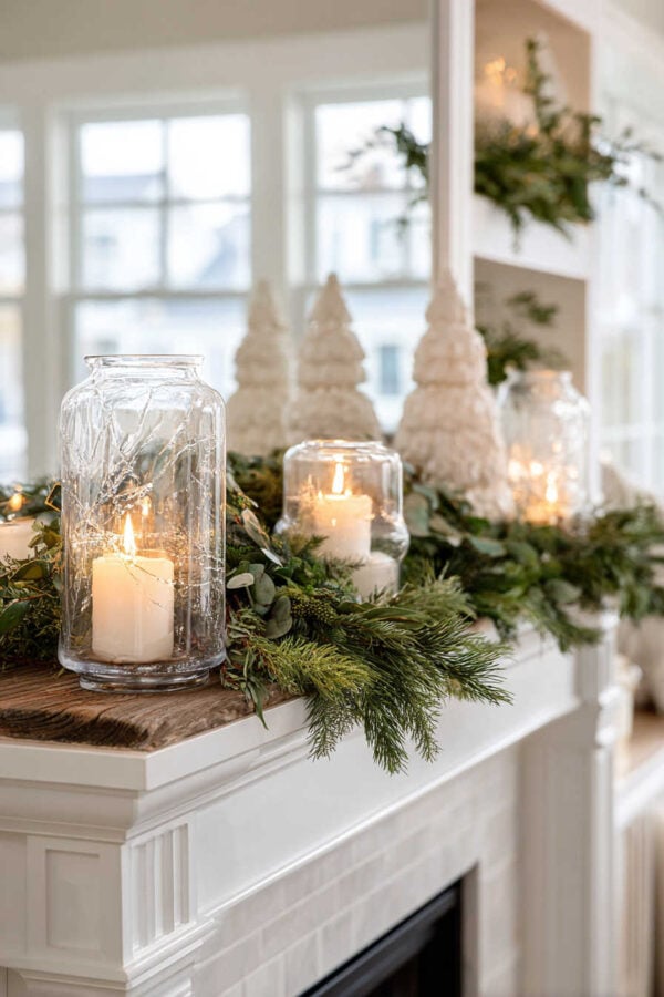 Coastal Christmas Mantel with Hurricane Lanterns and White Ceramic Trees Coastal Christmas Mantel with Hurricane Lanterns and White Ceramic Trees — Christmas Fireplace Decor