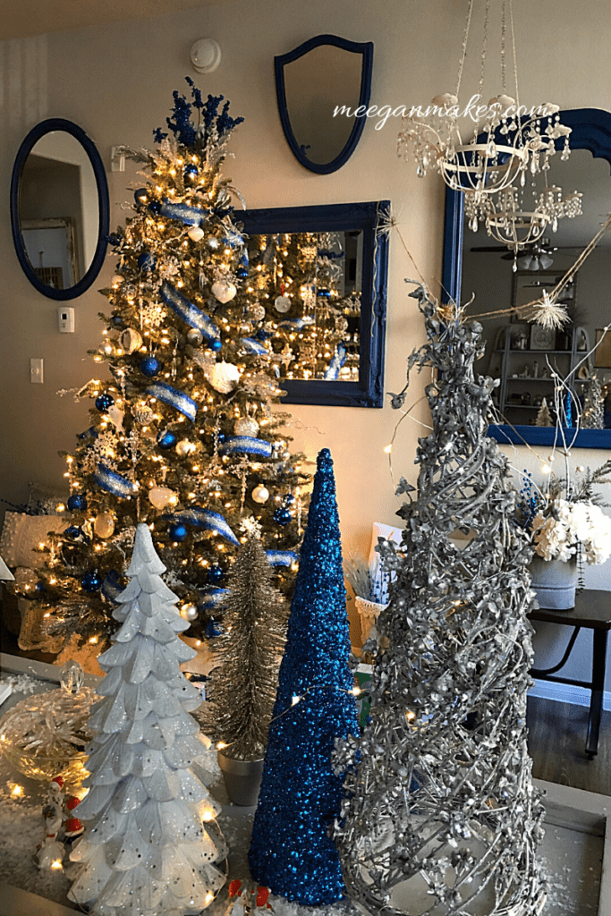 Corner Vignette With Multiple Trees Eclectic Living Room with Blue and Silver Christmas Tree Corner Vignette With Multiple Trees Eclectic Living Room with Blue and Silver Christmas Tree — Blue Christmas Decor