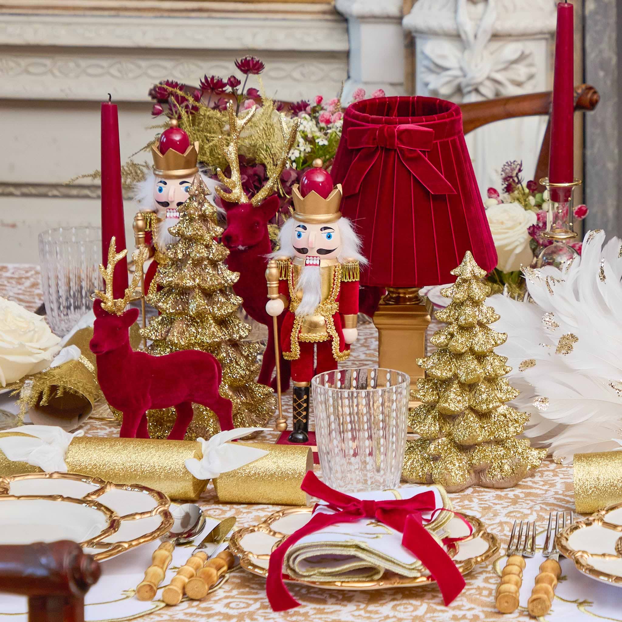 Festive Burgundy and Gold Nutcracker Table Vignette — Burgundy Christmas Decor