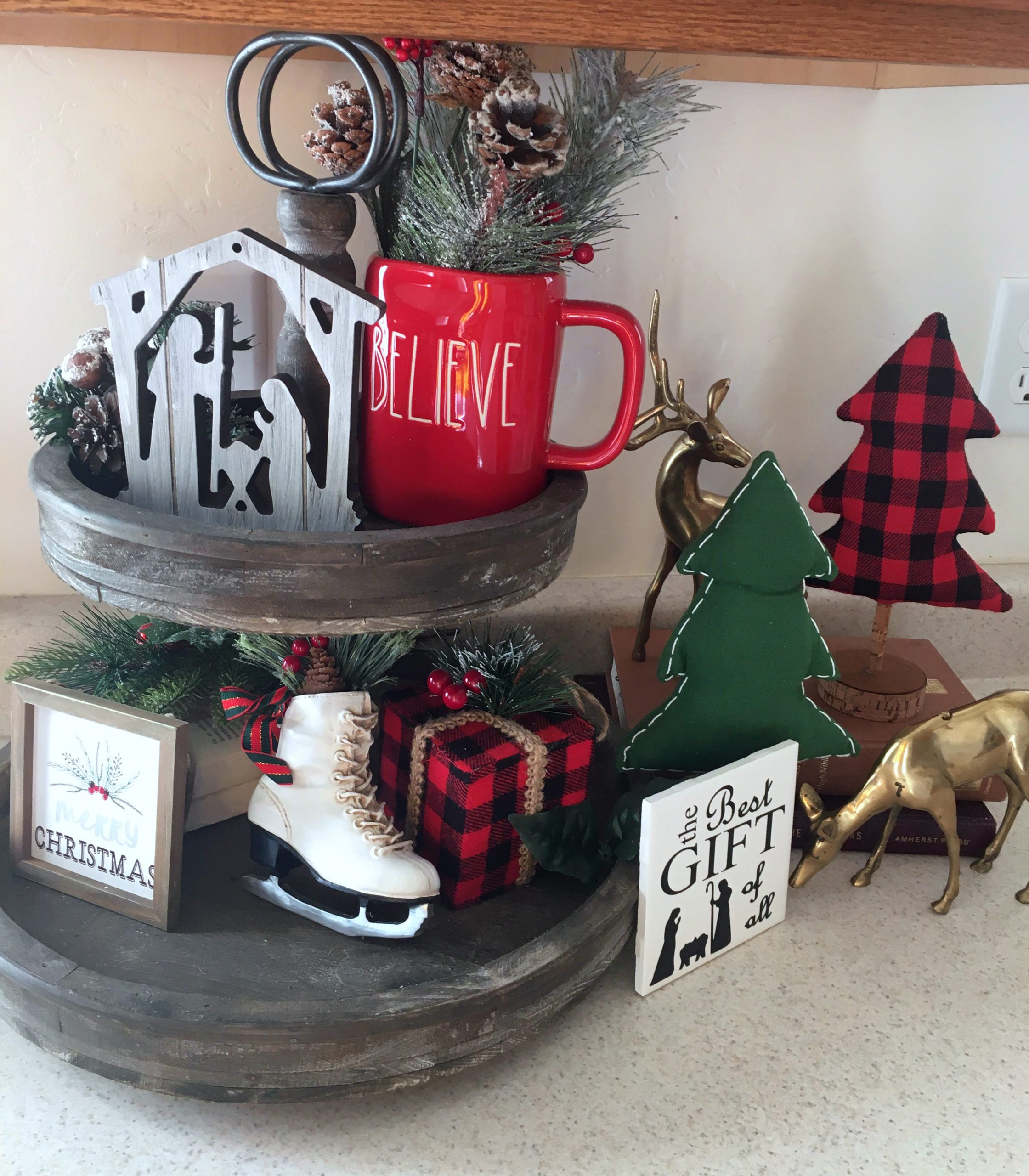 Galvanized Two-Tiered Tray with Nativity Scene and Plaid Accents Galvanized Two-Tiered Tray with Nativity Scene and Plaid Accents — Christmas Tiered Tray