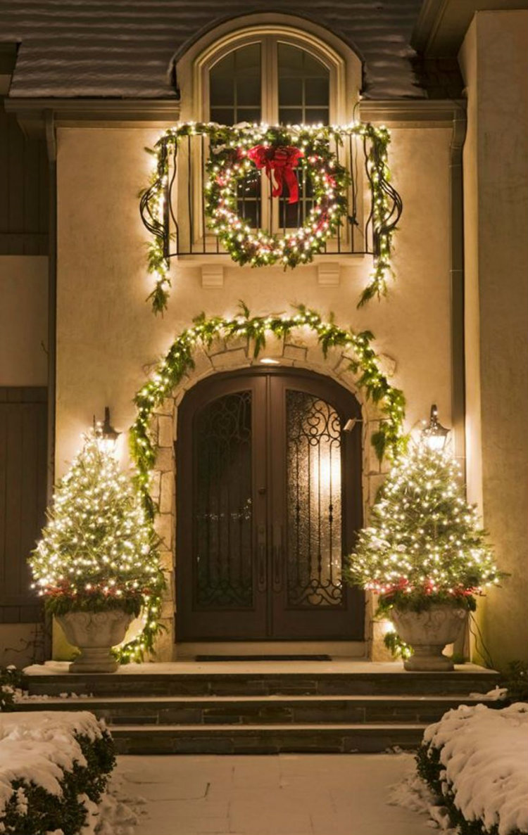 Dramatically Lit Double Doors with Illuminated Trees Dramatically Lit Double Doors with Illuminated Trees — Christmas Front Door Decor