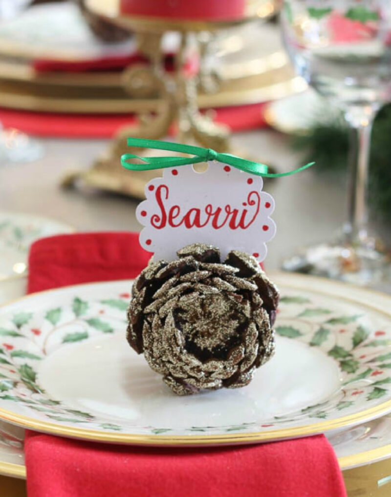 Festive Glittered Pinecone Place Card Holders with Scalloped Cards — Christmas Place Cards