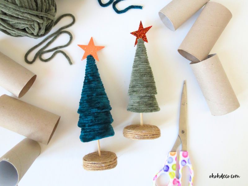 DIY Mini Trees with Twine and Orange Glitter Stars — Small Christmas Tree Decor