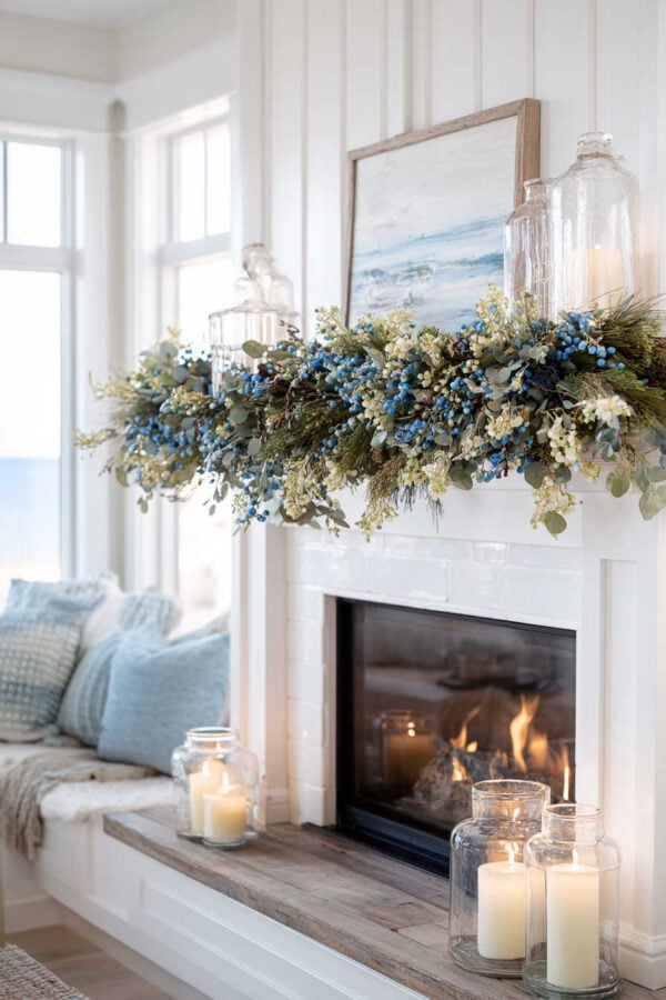 Coastal Living Room with Blue Garland and Candles Coastal Living Room with Blue Garland and Candles — Blue Christmas Decor