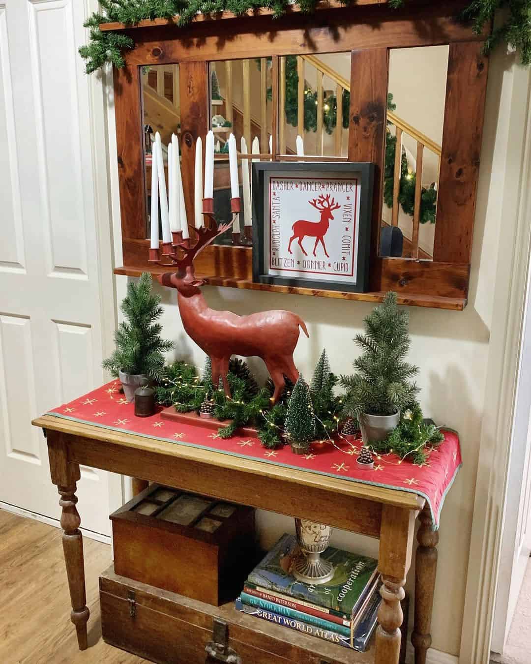 Rustic Entryway Table with Red Runner and Reindeer Figure Rustic Entryway Table with Red Runner and Reindeer Figure — Christmas Entryway Decor