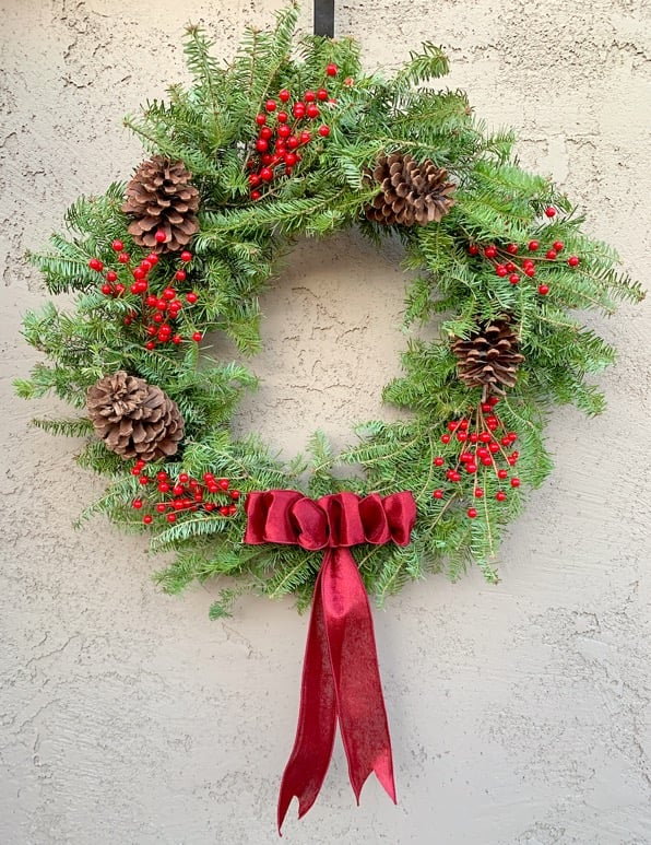 Classic Evergreen Wreath with Red Berries and Velvet Bow — DIY Christmas Wreath