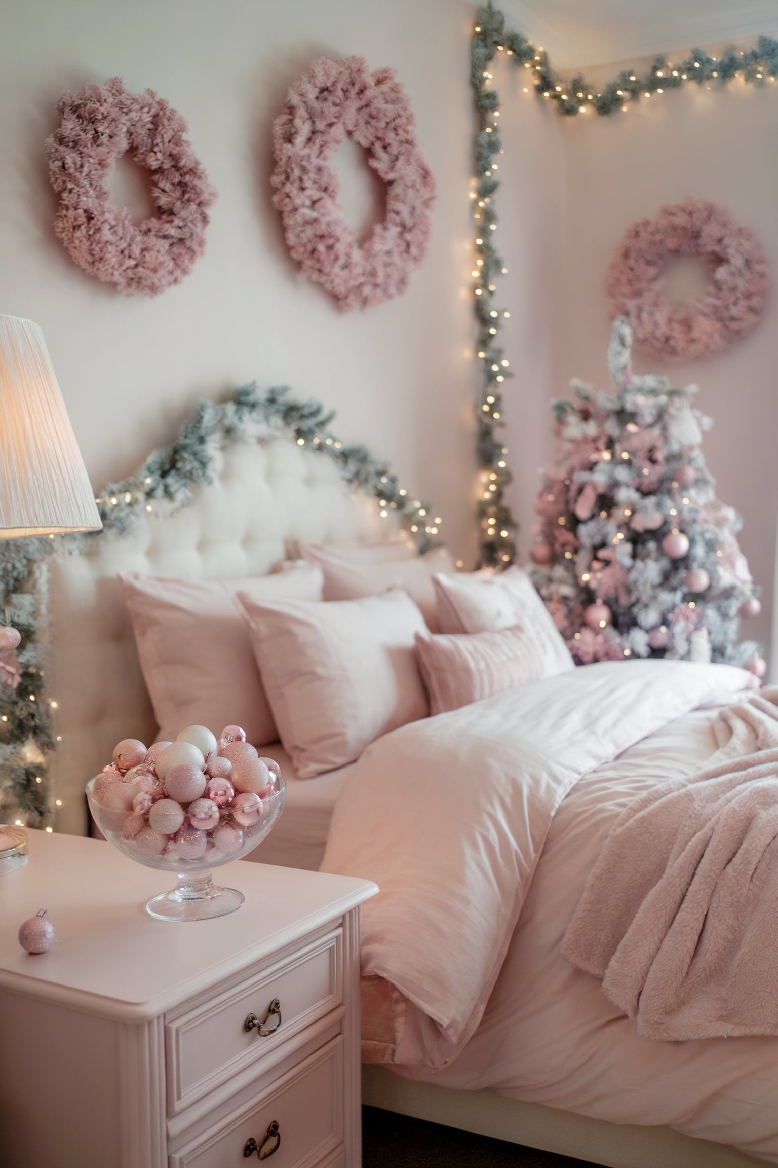 Shabby Chic Bedroom with Fairy Lights and Faux Greenery on a Tufted Headboard — Christmas Fairy Lights Headboard