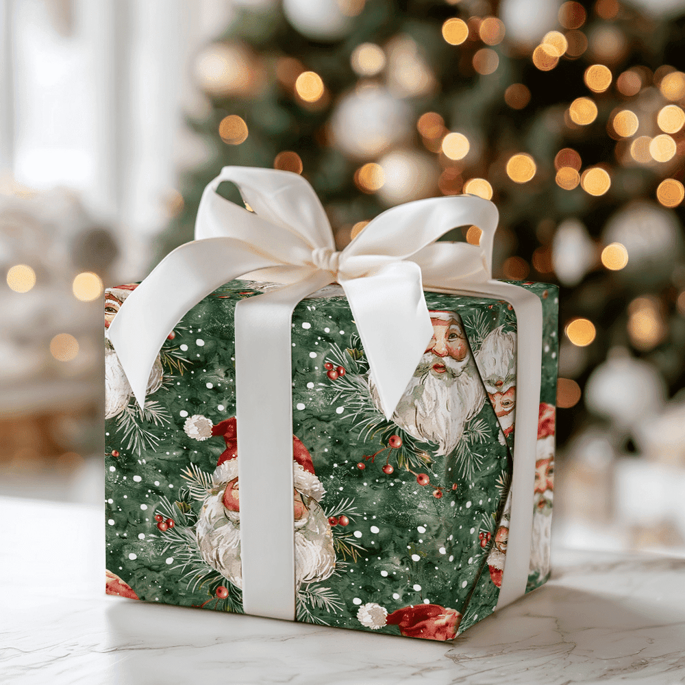 Vintage Santa Patterned Gift with Softly Lit Tree — Christmas Gift Wrapping