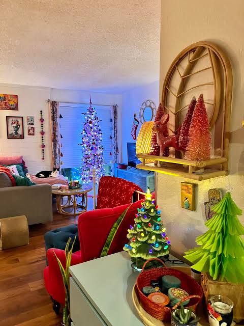 Bohemian Apartment with Multiple Colorful Christmas Trees Bohemian Apartment with Multiple Colorful Christmas Trees — Christmas Apartment Decor