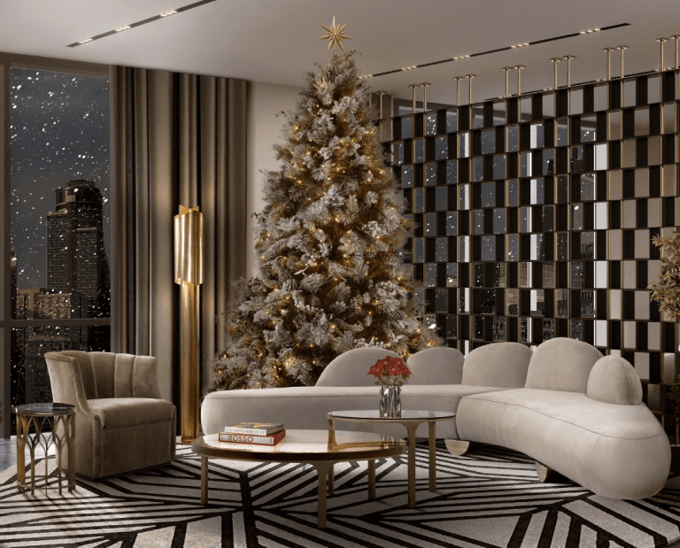 Modern Living Room with Flocked Tree and Geometric Room Divider — Modern Christmas Decor