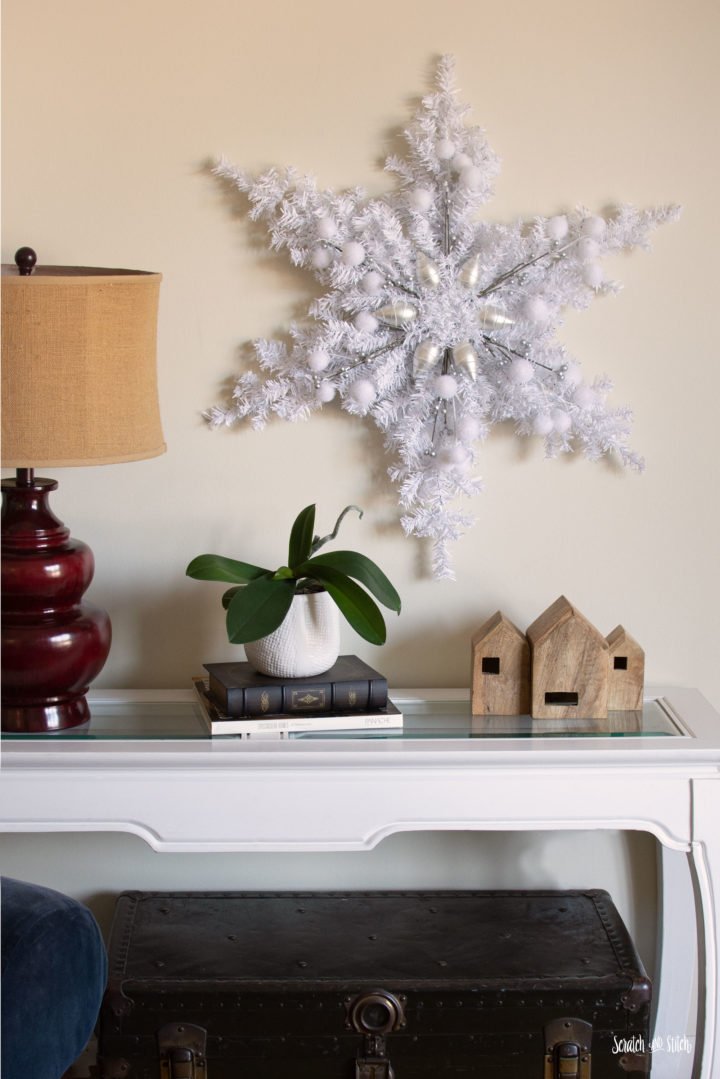 Handmade Tinsel and Pom-Pom Snowflake Wreath — Dollar Tree Christmas Decor