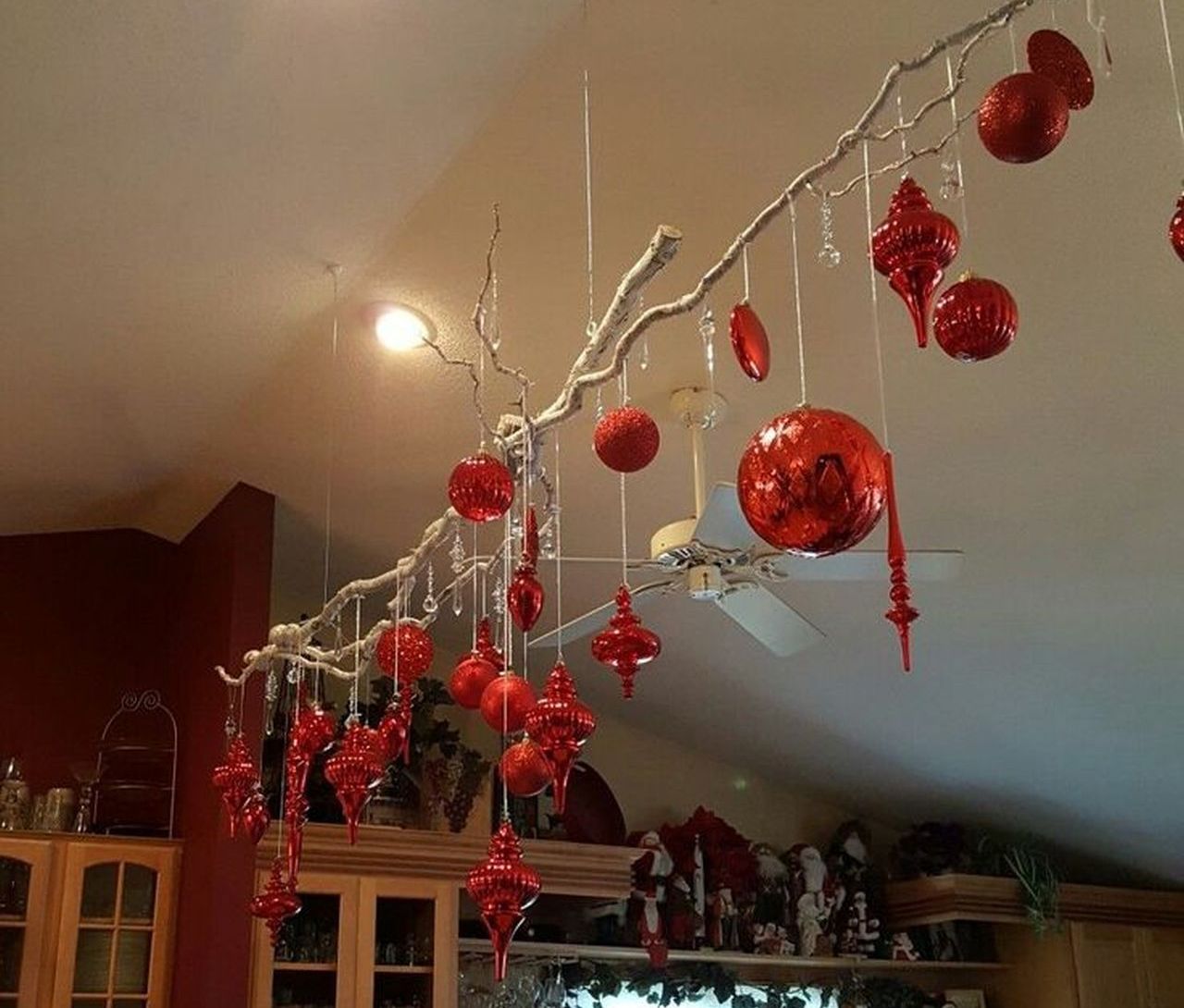 Dining Room Ceiling with Hanging Branches and Christmas Ornaments — Christmas Fairy Lights Ceiling