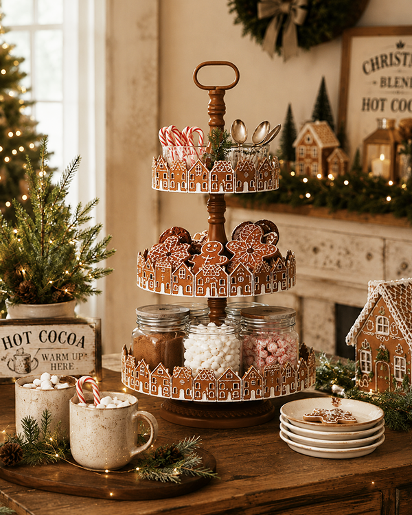 Festive Tiered Stand with Gingerbread House Cutouts and Cookies — Gingerbread Christmas Decor