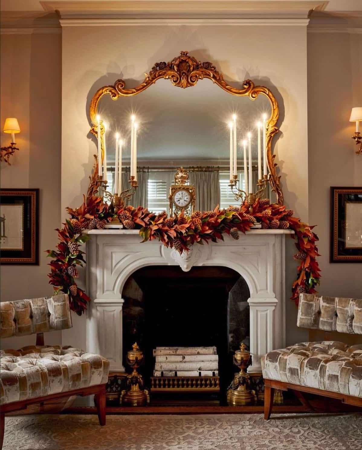 Marble Fireplace with Autumn Leaf Garland Marble Fireplace with Autumn Leaf Garland — Christmas Mantel Decor