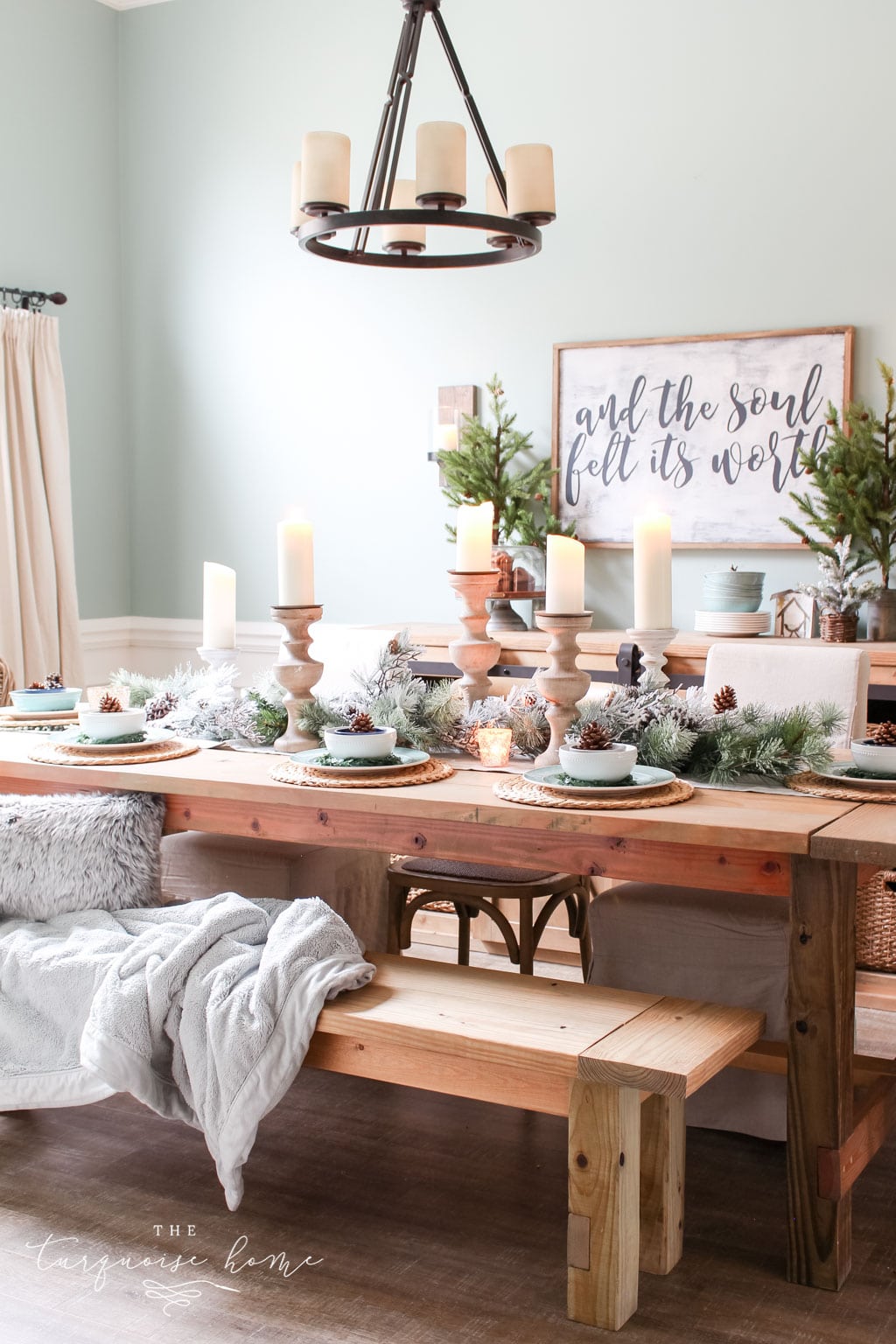Rustic Dining with Pinecone Garland and Small Christmas Trees — Christmas Dining Room Decor