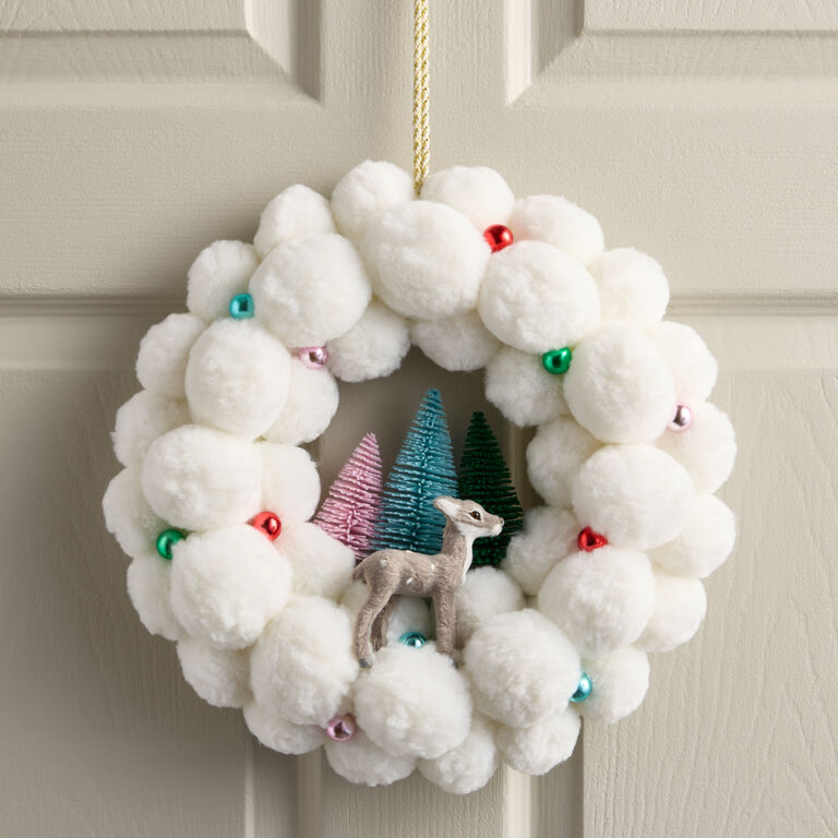 Whimsical White Pom Pom Wreath with Felt Trees and a Miniature Deer Whimsical White Pom Pom Wreath with Felt Trees and a Miniature Deer — White Christmas Decor