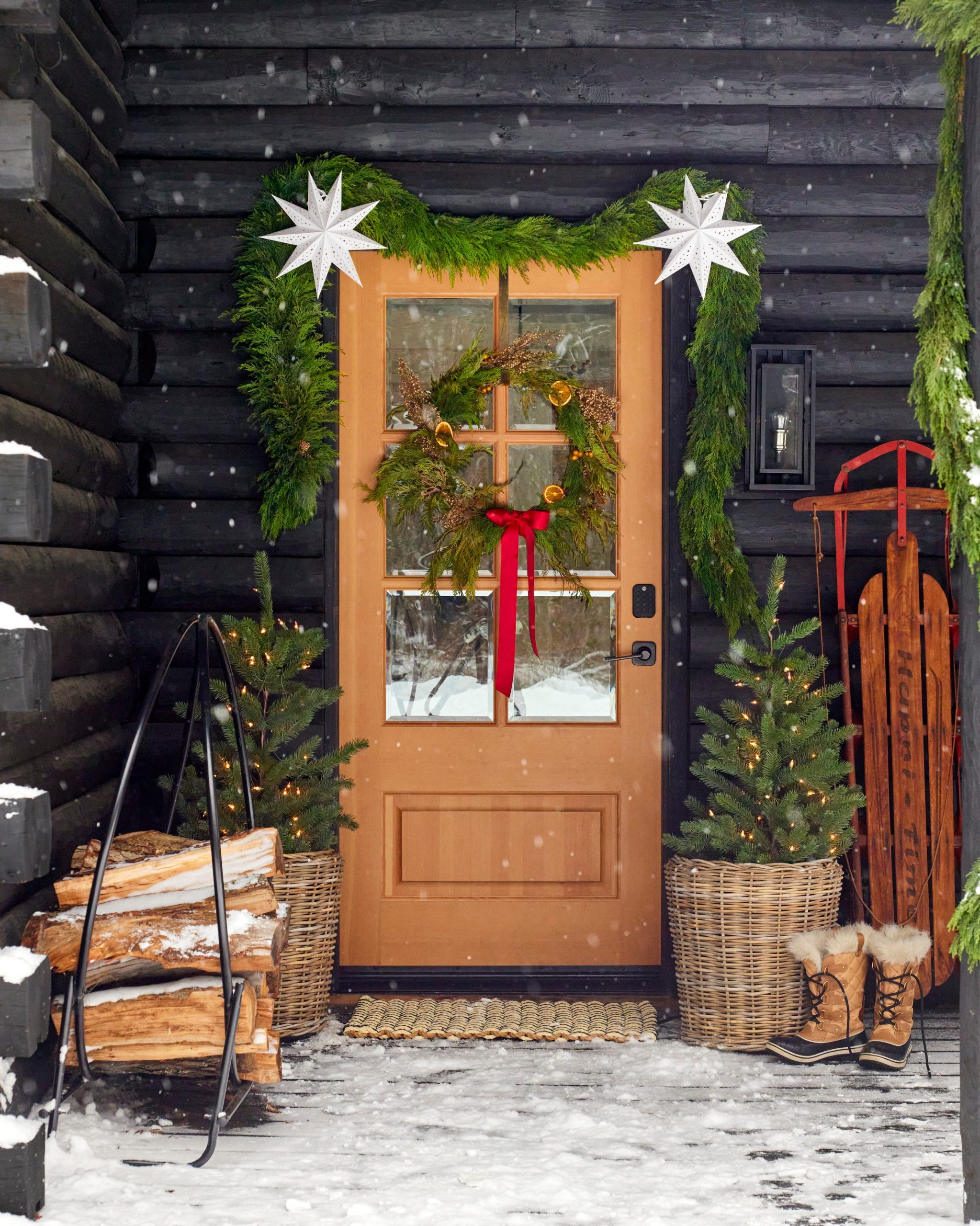 Rustic Doorway with Lighted Potted Trees and Sled — Outdoor Christmas Lights