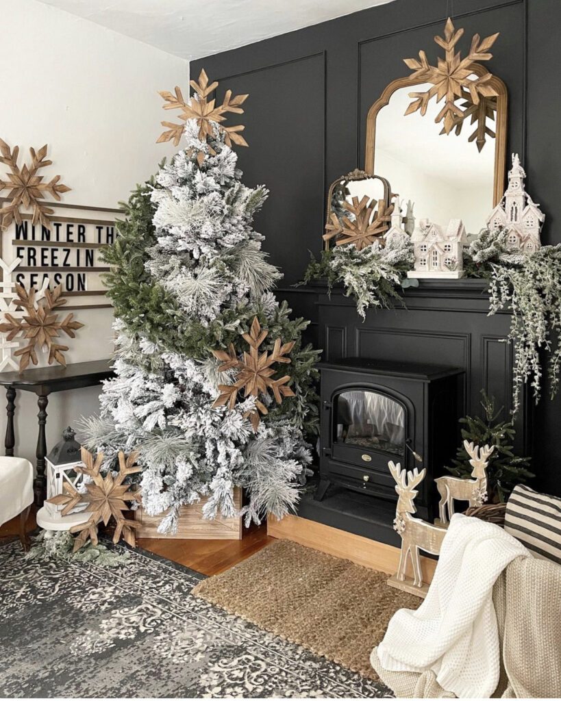 Farmhouse Living Room with Flocked Tree and Wooden Snowflakes Farmhouse Living Room with Flocked Tree and Wooden Snowflakes — Winter Decor After Christmas