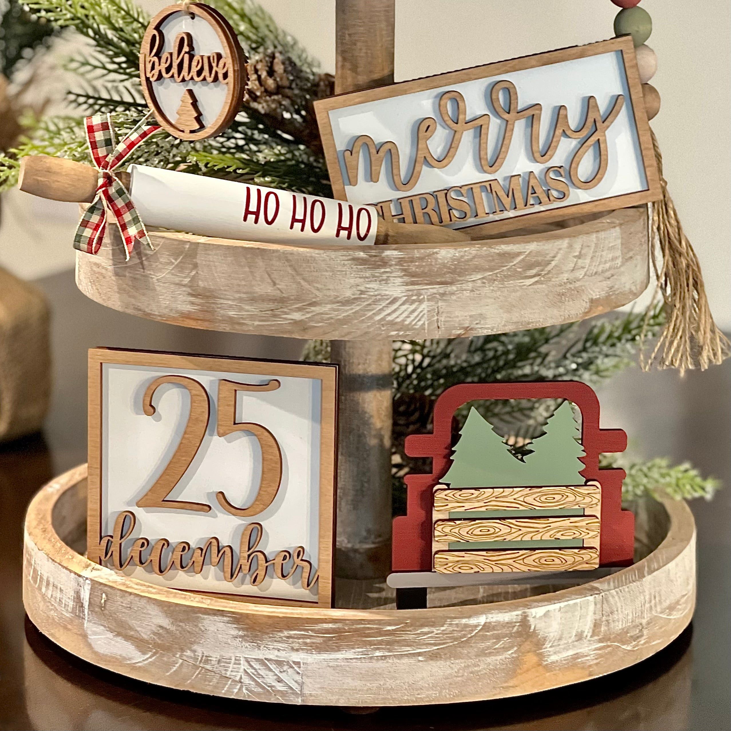 Modern Farmhouse White Tiered Tray with Wooden Signs Modern Farmhouse White Tiered Tray with Wooden Signs — Christmas Tiered Tray