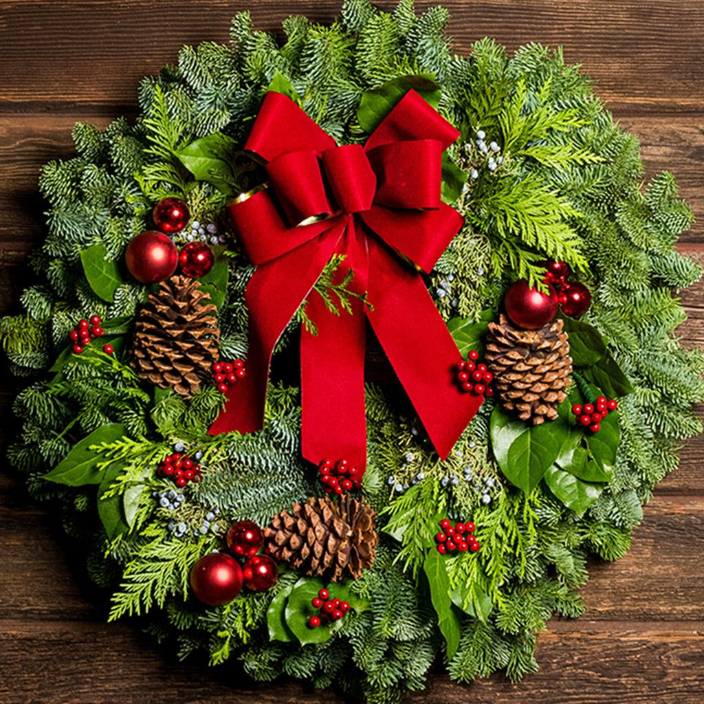 Large Rustic Evergreen Wreath with a Bold Red Bow Large Rustic Evergreen Wreath with a Bold Red Bow — Red and Green Christmas Decor