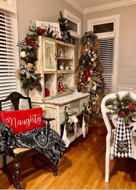 Abundant Christmas Decor on Farmhouse Cabinet and Chairs — Farmhouse Christmas Decor