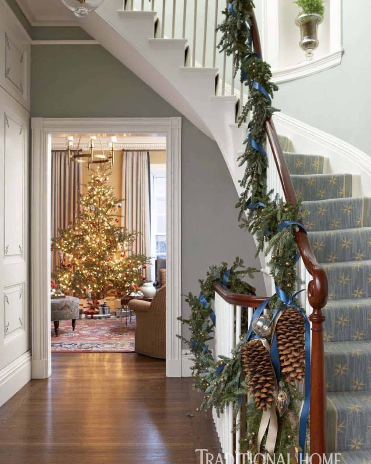 Traditional Staircase with Pinecones and Blue Ribbon Traditional Staircase with Pinecones and Blue Ribbon — Christmas Staircase Decor