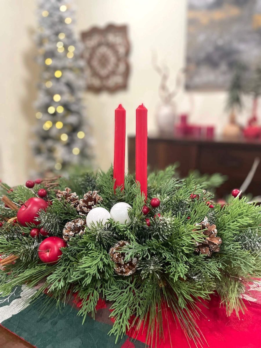 Festive Red Taper Candles in a Lush Christmas Centerpiece — Christmas Candle Decor