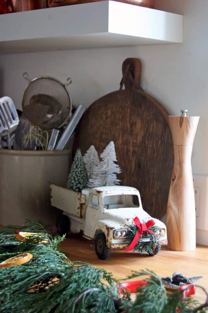 Vintage Toy Truck with Bottle Brush Trees — Simple Christmas Decor