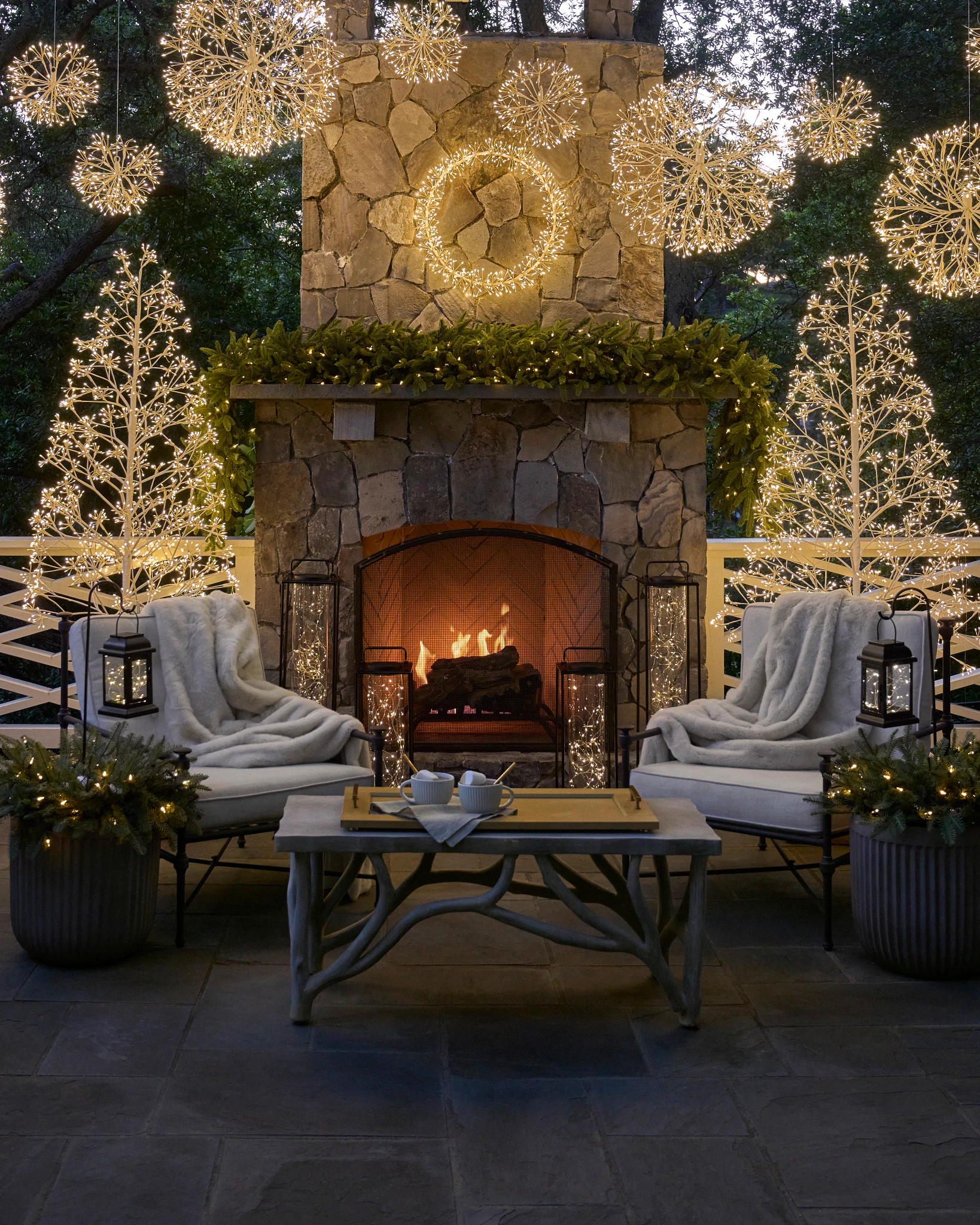 Elegant Patio with Snowflake Orbs and Light Trees — Outdoor Christmas Lights
