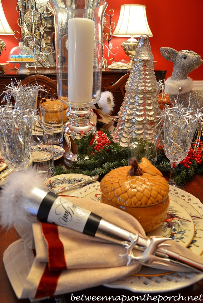 Traditional Festive Dining Table with Acorn Dish and Deer Figurine — New Years Eve Party 2027