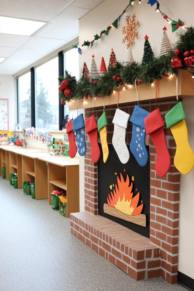 Festive Fireplace with Stockings Festive Fireplace with Stockings — Christmas Classroom Decor