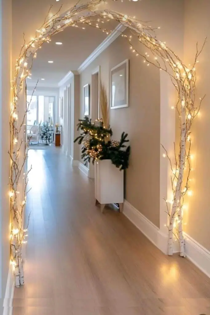 Rustic Hallway Archway with Birch Branches and Fairy Lights Rustic Hallway Archway with Birch Branches and Fairy Lights — Christmas Entryway Decor