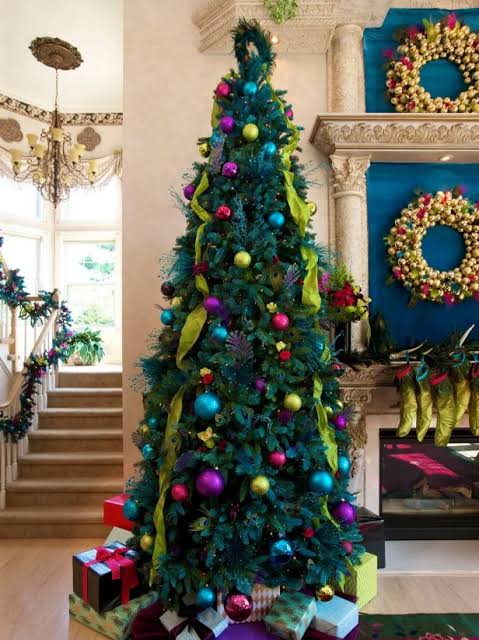 Eclectic Grand Entryway Tree with Vibrant Purple and Teal Palette — Christmas Tree Color Schemes