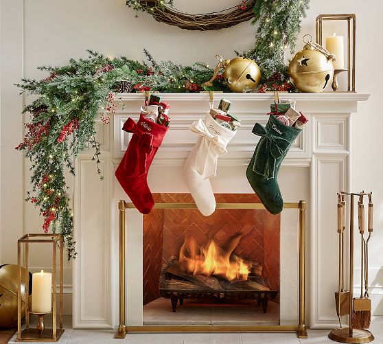 Velvet Stockings with Lush Garland — Christmas Stockings Display