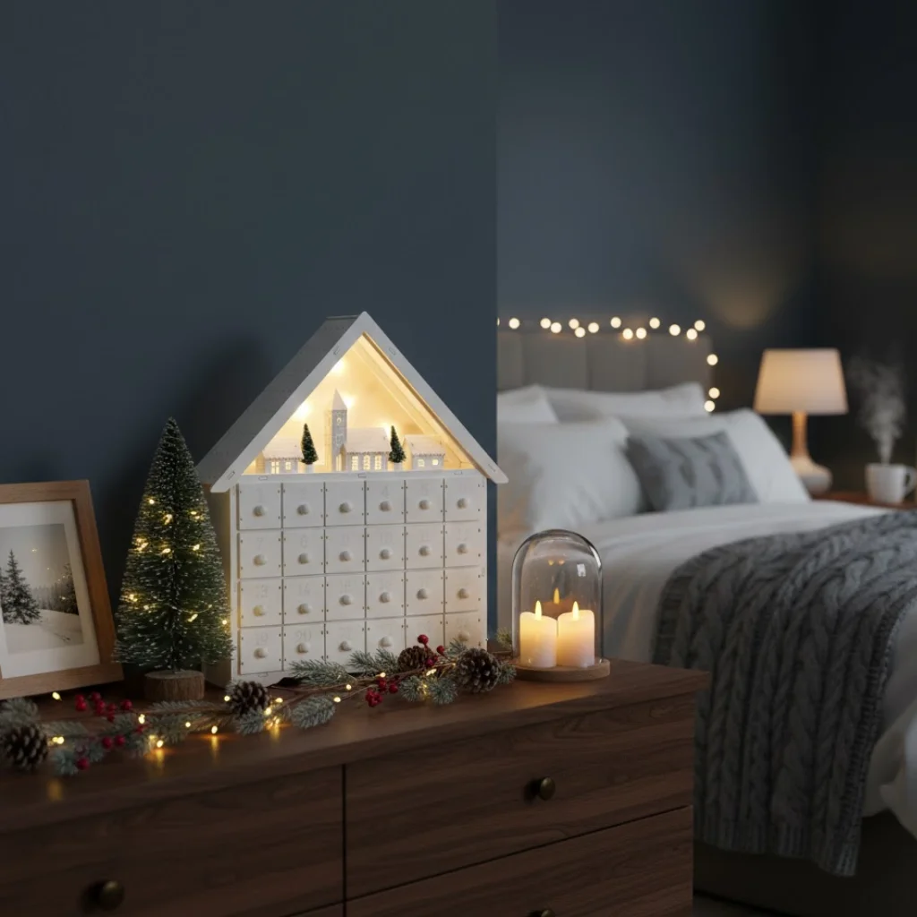 Festive Advent Calendar House and Fairy Lights in a Cozy Christmas Bedroom — Christmas Fairy Lights Headboard