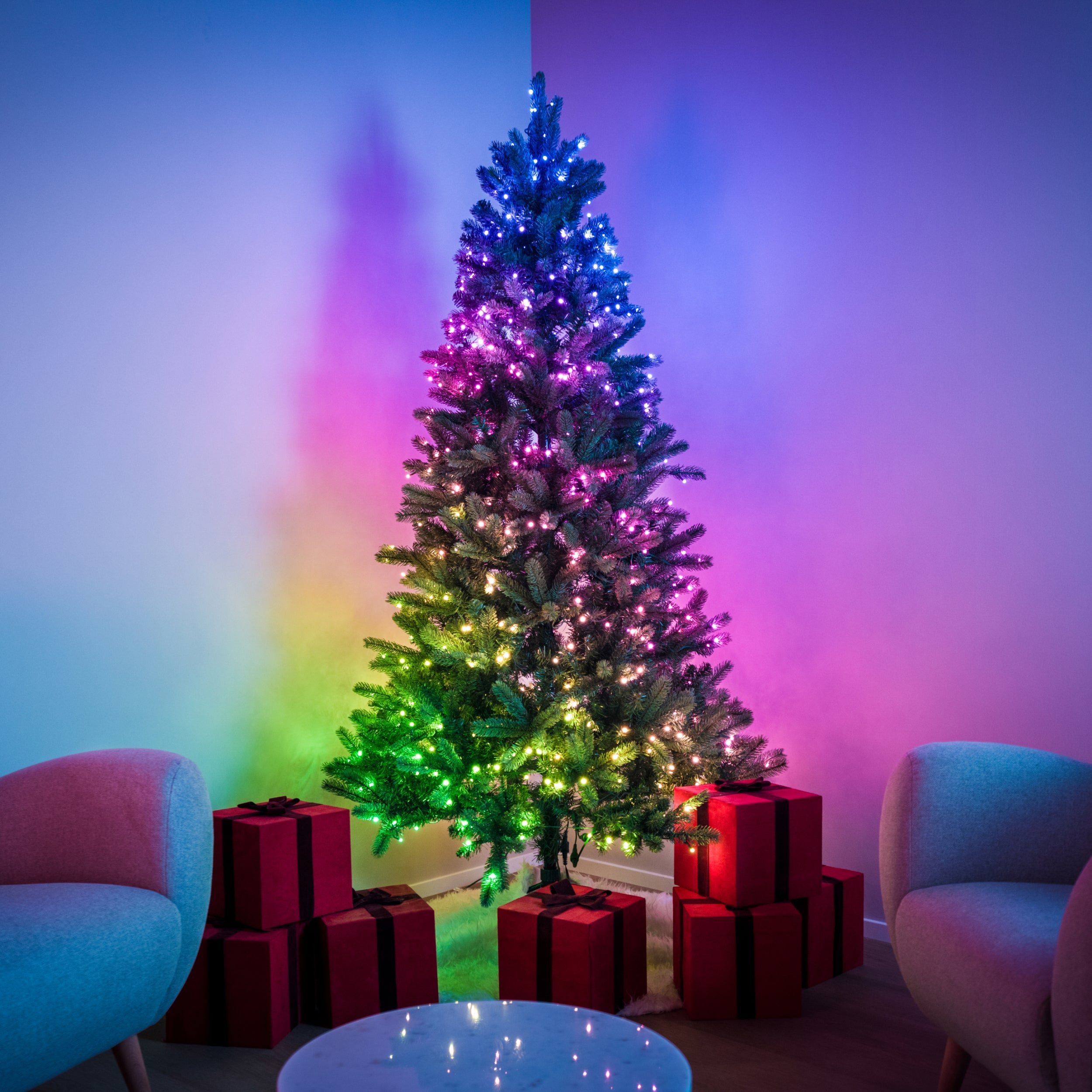 Modern Christmas Tree with Gradient Smart Lights and Minimalist Decor Modern Christmas Tree with Gradient Smart Lights and Minimalist Decor — Christmas Tree with Colored Lights