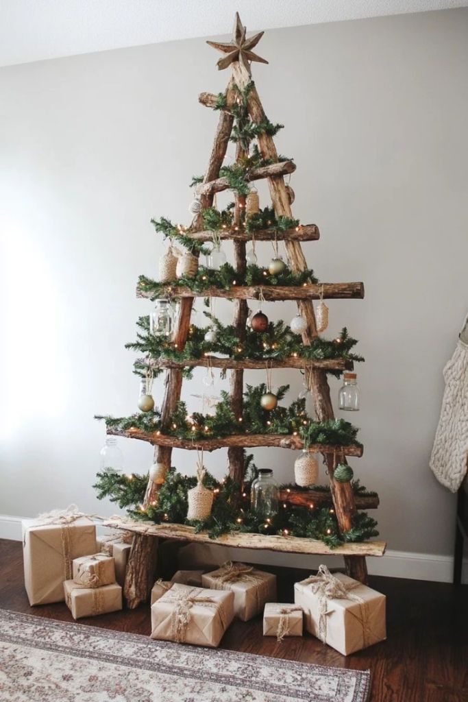 Rustic Christmas Tree Made of Wood with Glass Jar Ornaments Rustic Christmas Tree Made of Wood with Glass Jar Ornaments — christmas decor trends 2026