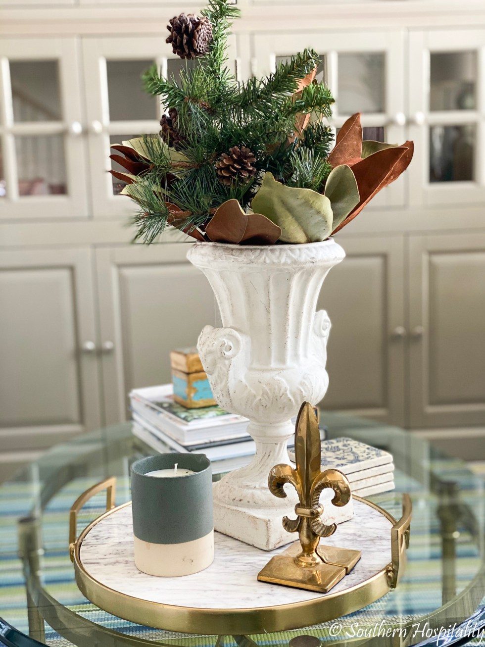 Large White Urn Centerpiece with Winter Greenery Large White Urn Centerpiece with Winter Greenery — Winter Decor After Christmas
