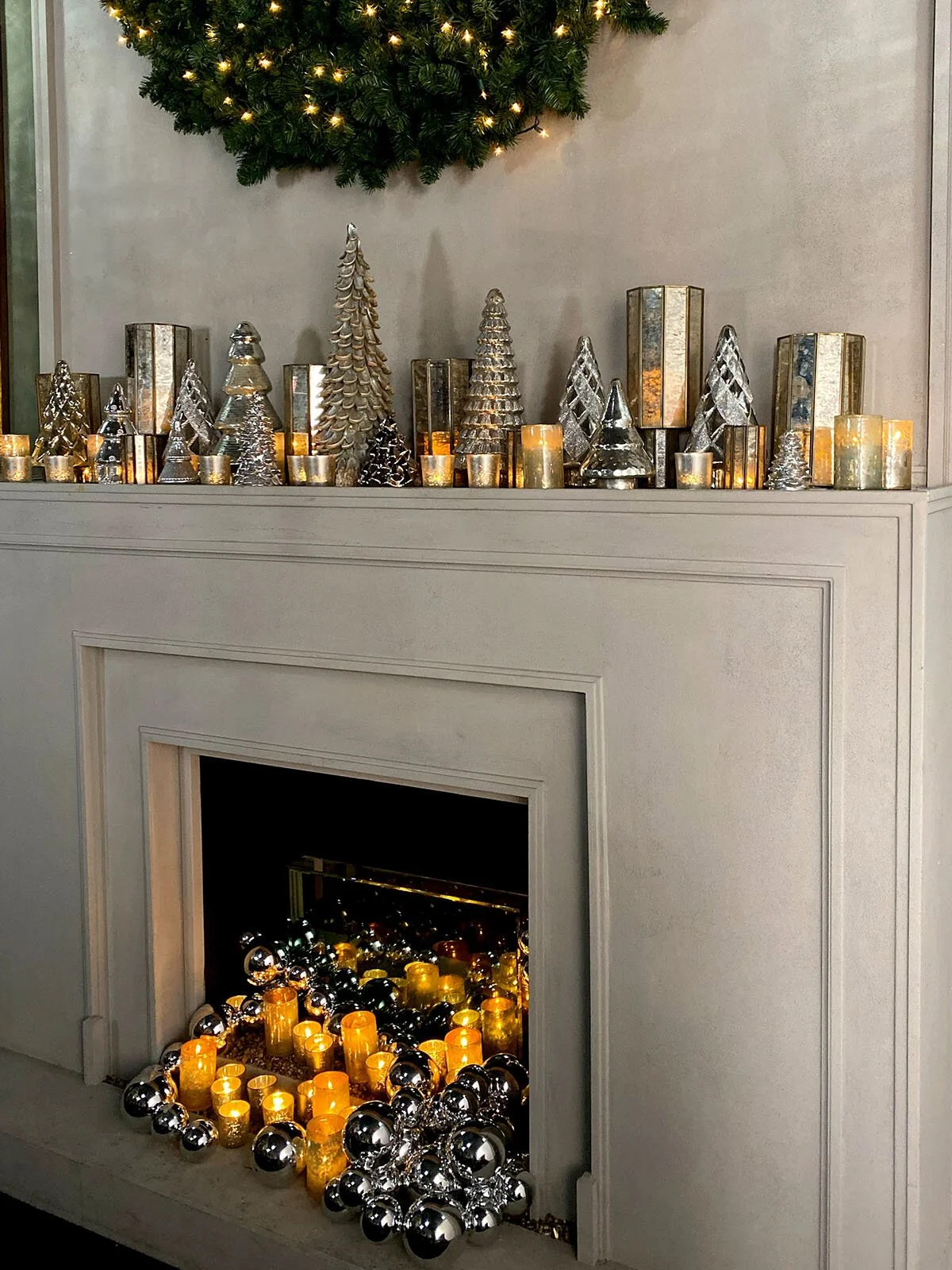 Glamorous Mercury Glass and Candle Display Glamorous Mercury Glass and Candle Display — Christmas Mantel Decor