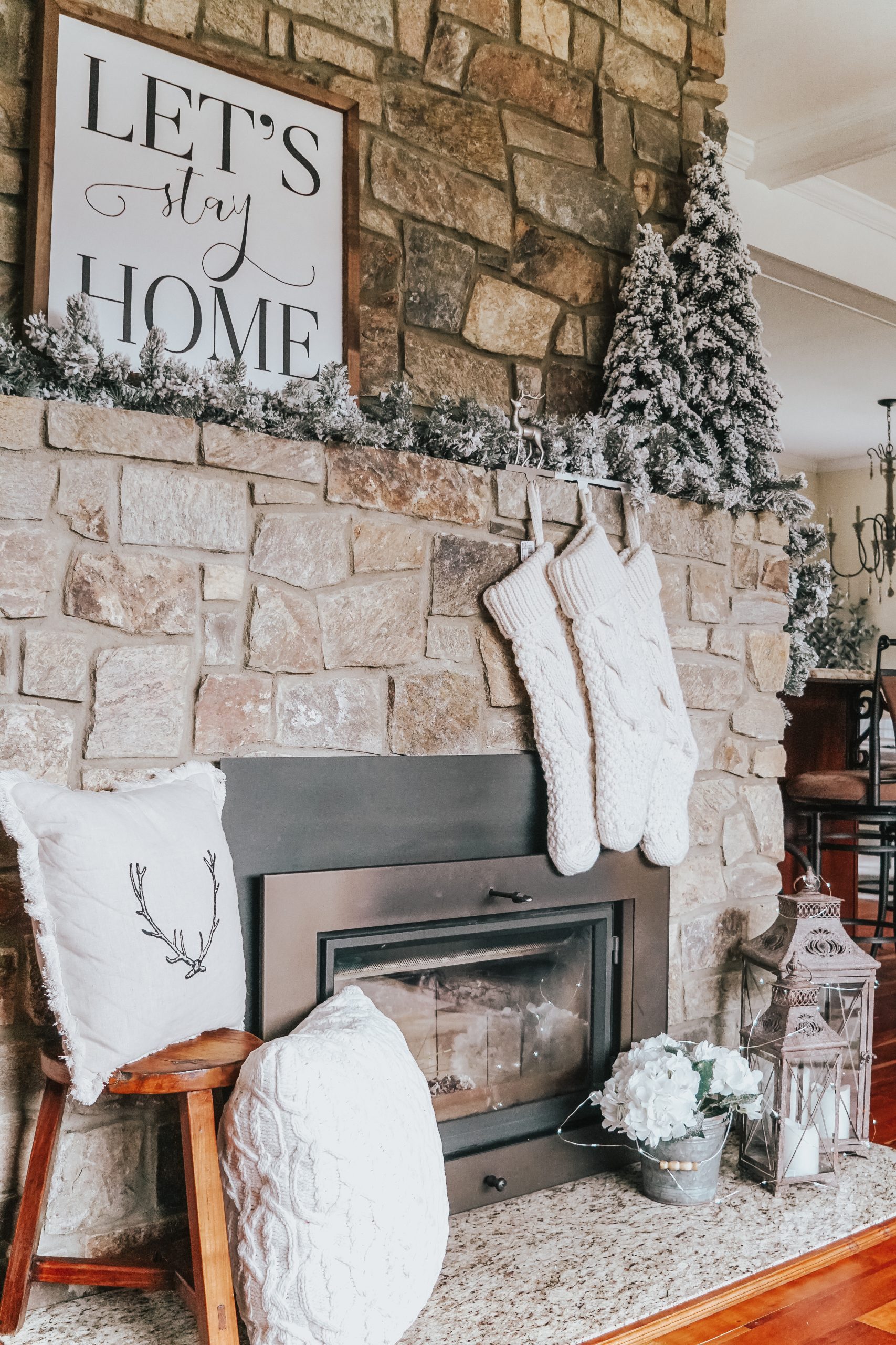 Stone Farmhouse Fireplace with Cable-Knit Stockings — Farmhouse Christmas Decor