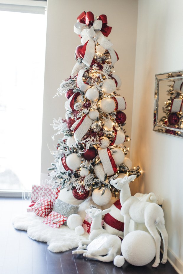 Glamorous Flocked Christmas Tree with Red and White Decorations — Winter Wonderland Christmas Decor