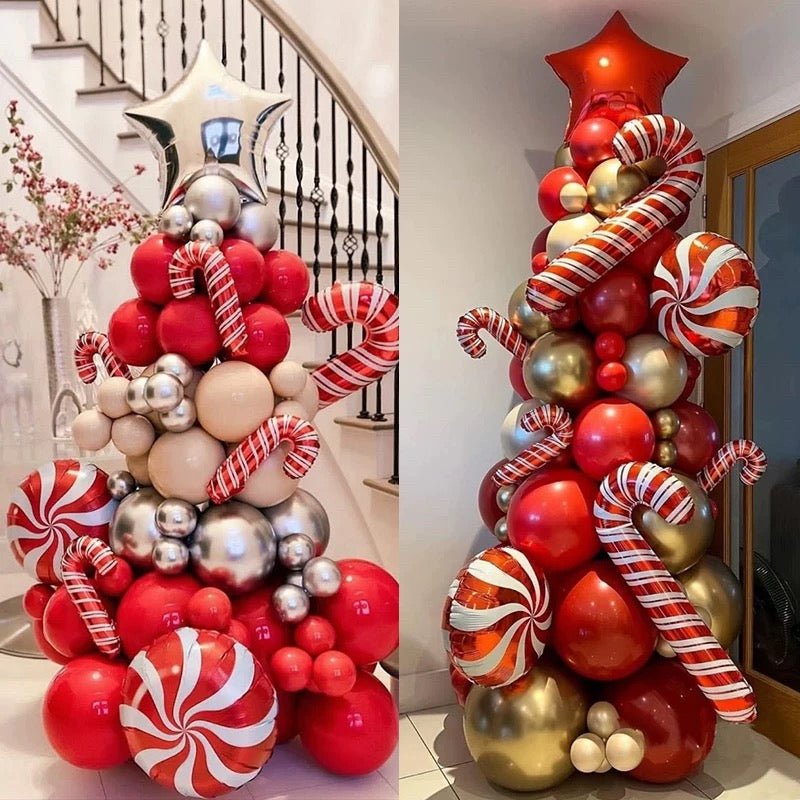 Split Screen Showcase of Red, Gold, and Silver Balloon Trees Split Screen Showcase of Red, Gold, and Silver Balloon Trees — Christmas Balloon Garland