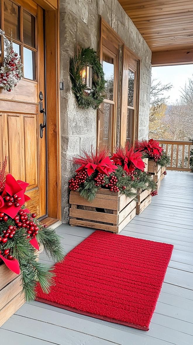 Rustic Christmas Porch with Wooden Crate Planters Rustic Christmas Porch with Wooden Crate Planters — Christmas Porch Decor